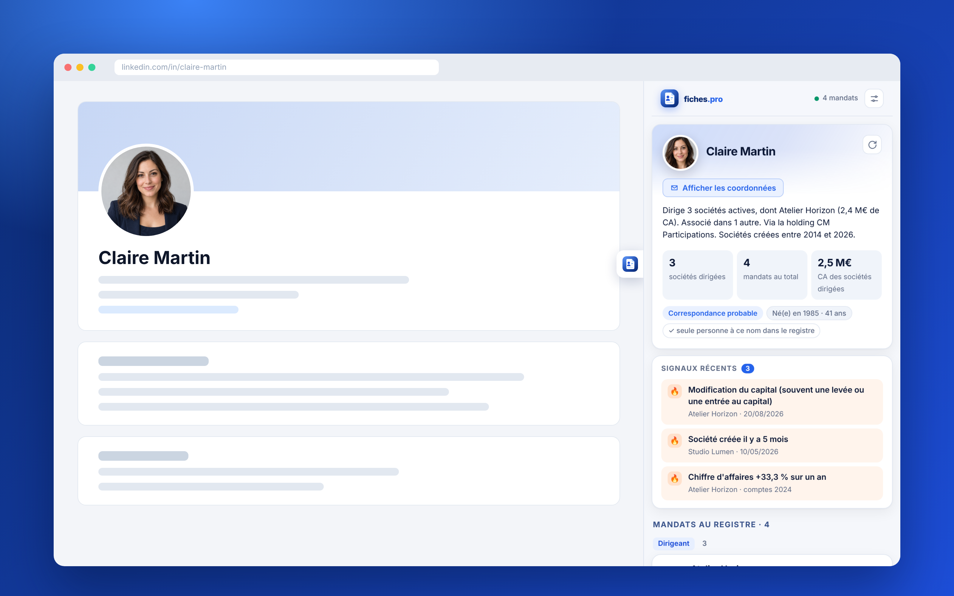 fiches.pro affiché directement à côté d'un profil LinkedIn